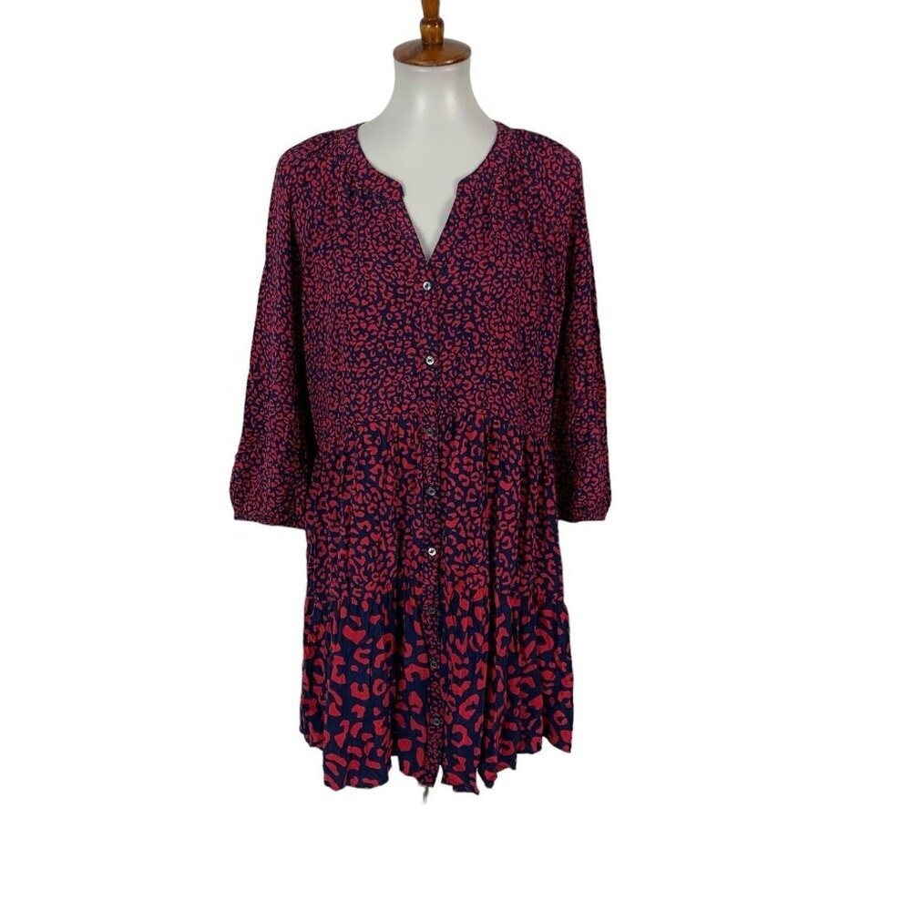 Vineyard Vines Navy and Pink Leopard Print Button-Front Dress